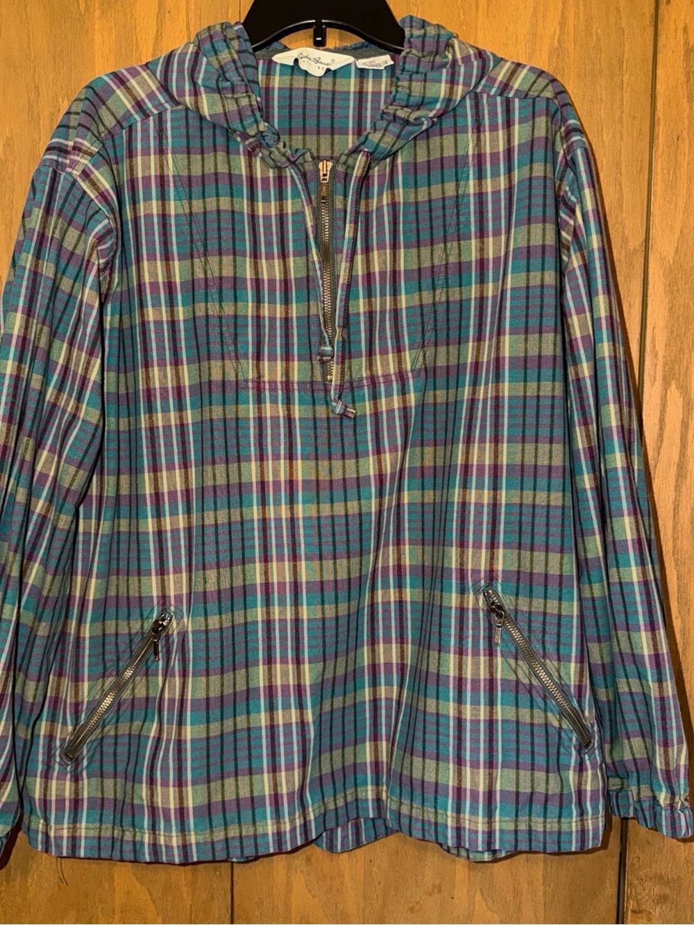 Eddie Bauer Vintage Plaid Hooded Pullover in Teal & Purple